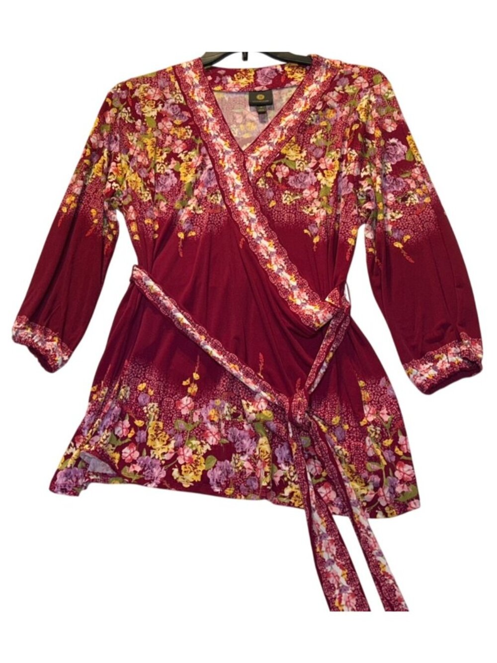 JM Collection Size 0X Floral Wrap Top Ruby Slippers Print 3/4 Sleeve - Picture 3 of 9
